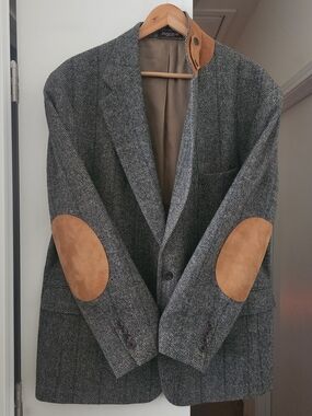 Vintage Evan Picone Blazer Men's 42R Herringbone Leather Elbow Patch & Collar